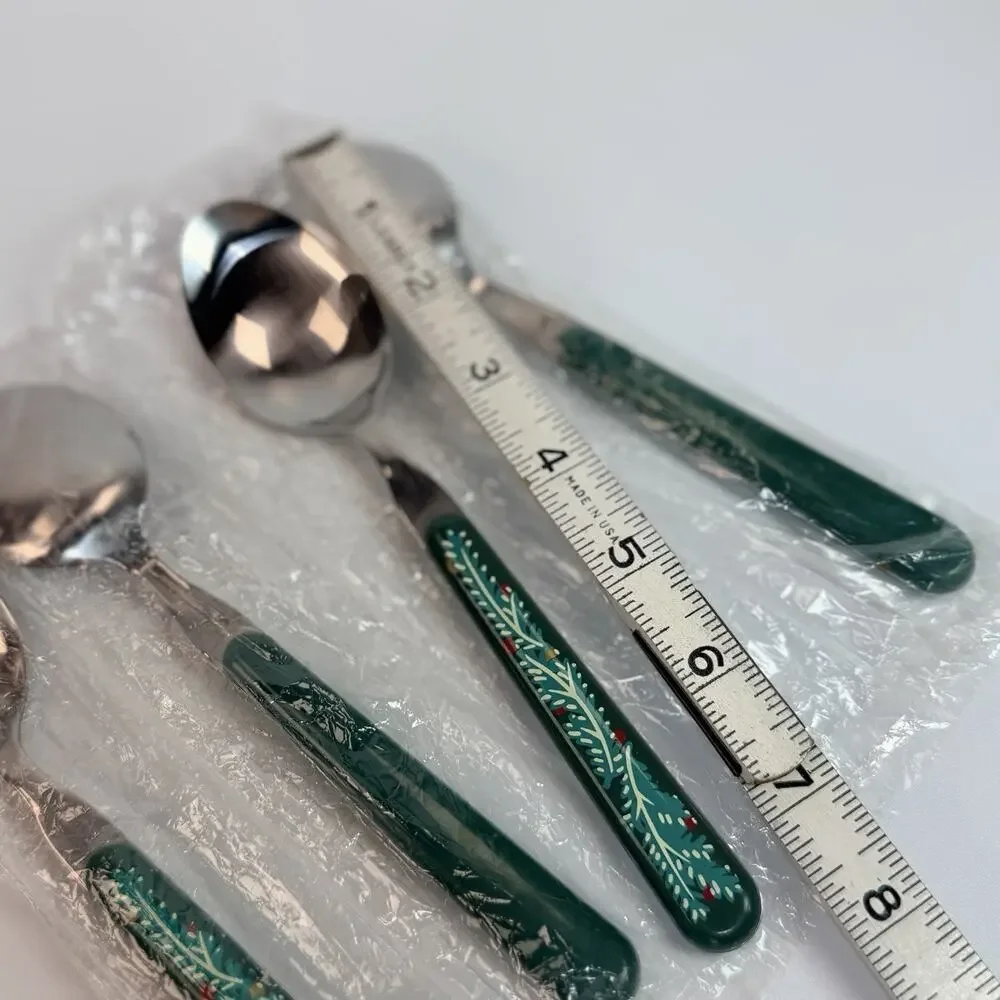 Set 4 Vtg Oneida Table Soup Spoon Christmas Green Garland Stainless Flatware